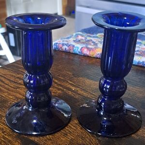 Gorgeous Vintage Ribbed Cobalt Blue Candle Holders Graduated Ring Signed